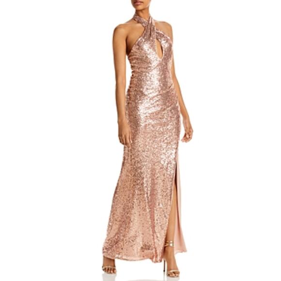 Rose Gold Sequined Backless Evening Gown Size 6 Cut Out Formal Dress by AQUA - Picture 11 of 12